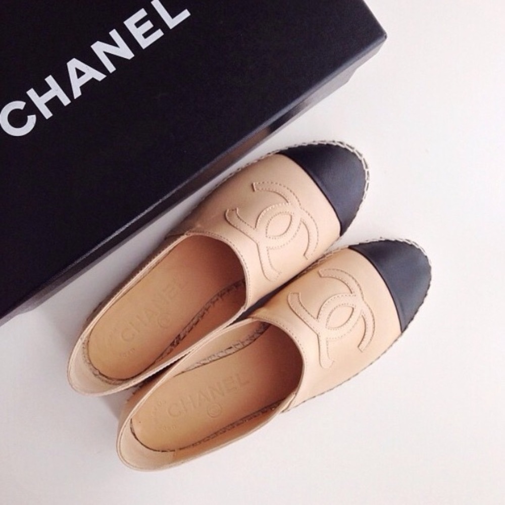 Chanel Nude with Black Cap Toe Espadrilles